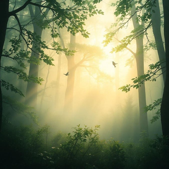 A serene morning in the mist-filled forest, where the sun peeks through the canopy casting a warm glow on the scene.