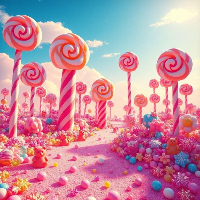 Step into a sweet, dreamlike world where candy trees and fantastical creatures beckon your imagination.