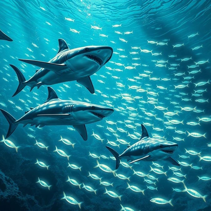 Get ready to dive into the aquatic world with this stunning image of three sharks navigating through a school of fish. The sharks' powerful presence and the vibrant school of fish create a captivating scene that will make you feel like you are swimming in the depths of the ocean.