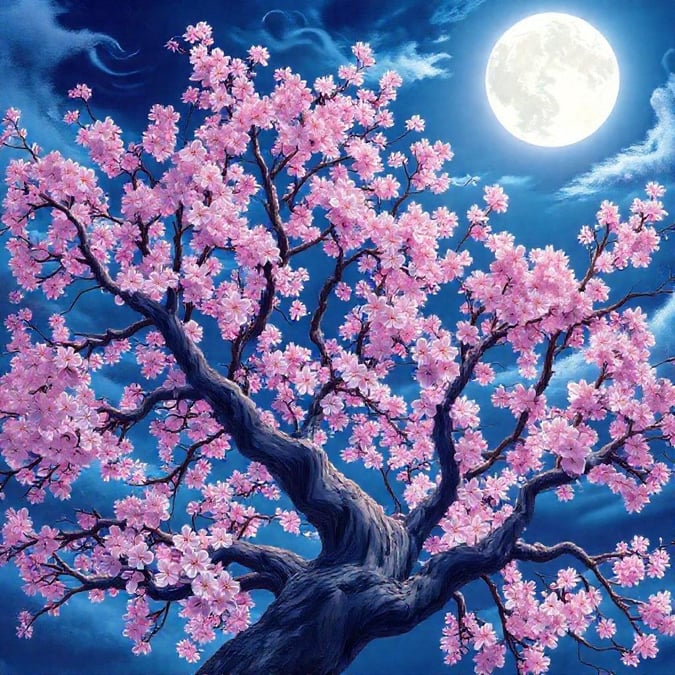 This wallpaper features a stunning anime-style illustration of a cherry blossom tree, its branches adorned with delicate pink flowers, set against a serene and ethereal backdrop of a deep blue sky and a full moon.