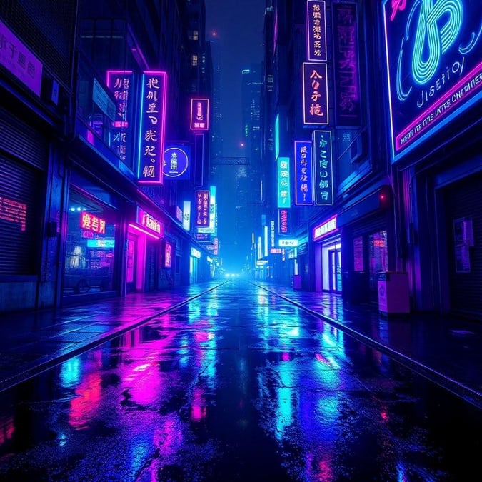 Neon lights glowing through the rain on city streets at night, creating a futuristic vibe in the heart of an Asian metropolis.