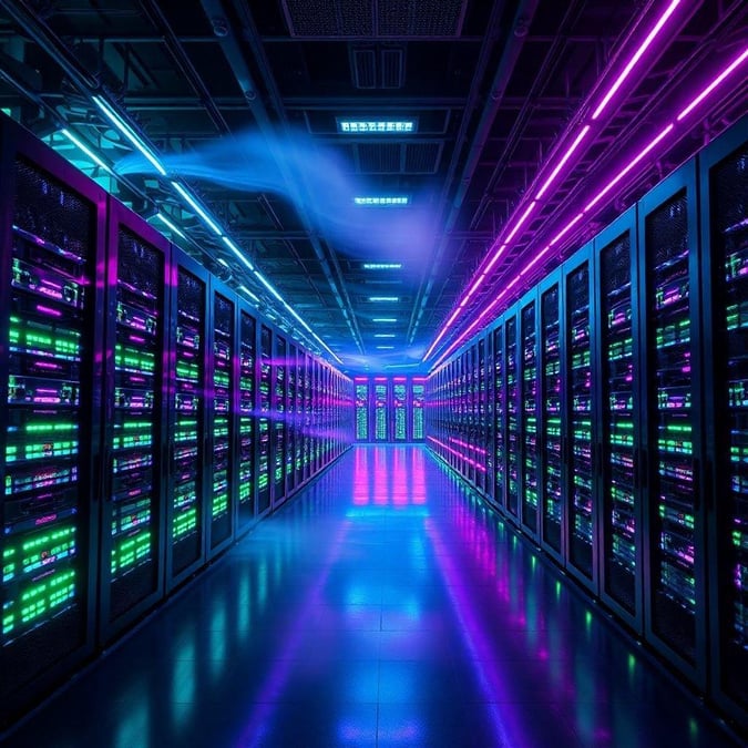 Brace yourself for the future in this neon-lit cyberpunk data center, where digital dreams come alive and bytes flow like rivers of light.