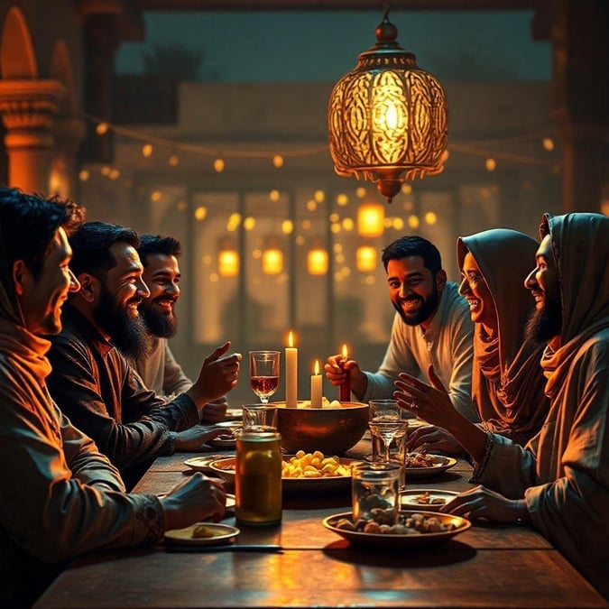 A group of friends sharing a joyful moment together during the holy month of Ramadan, illuminated by candlelight and embracing their cultural traditions with laughter and companionship.