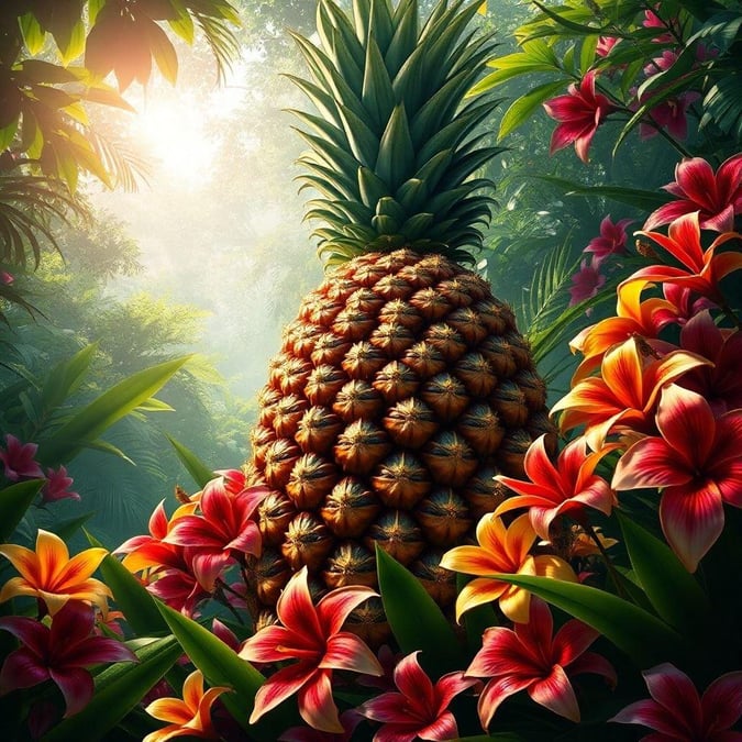 A vibrant tropical fruit scene, featuring pineapples and exotic flowers.