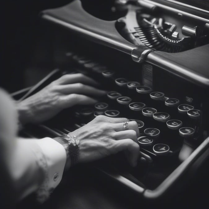 A person is typing away on a vintage typewriter, surrounded by the simplicity of a black and white background.