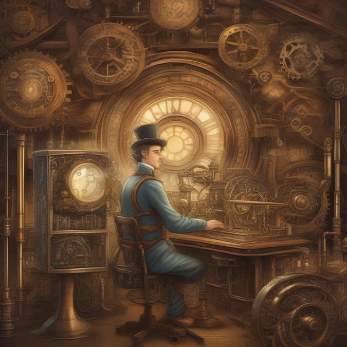 A steampunk inventor immersed in his work of crafting intricate mechanical masterpieces in a room teeming with vintage machinery.