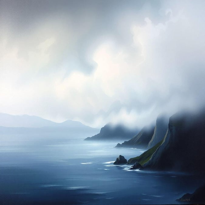 This artistic depiction captures the serene beauty of a misty coastal shore, where the vastness of the ocean meets the rocky cliffs. The scene is awash with the soft hues of early morning or late afternoon light, lending an ethereal quality to the landscape.