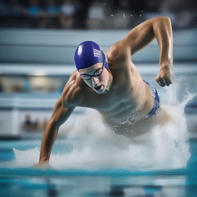 This dynamic image captures the thrill of competitive swimming. The athlete, dressed in a sleek racing suit, is captured mid-stroke, conveying a sense of speed and power. The background is filled with bubbles from the churning water, highlighting the intensity of the race.