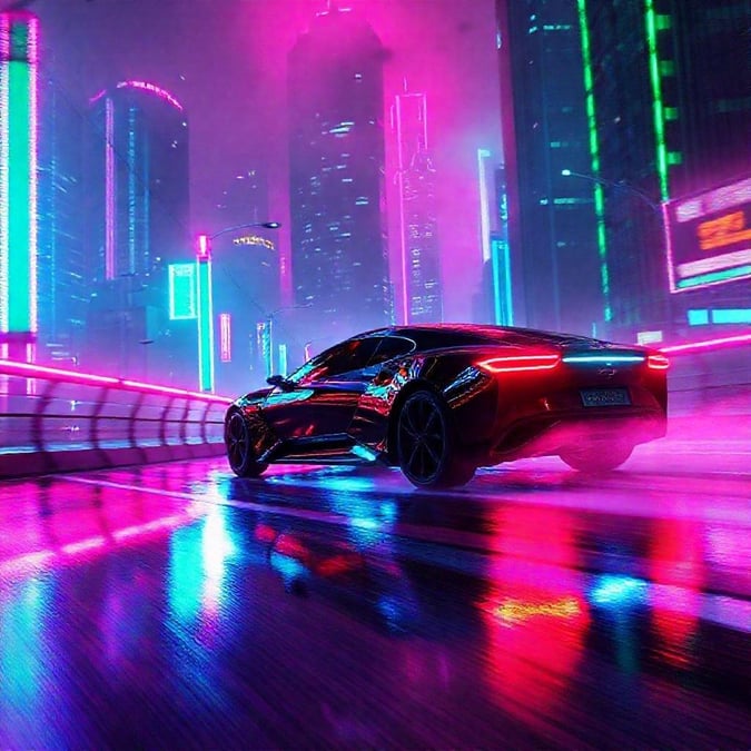 City lights illuminate the road as a sleek sports car glides through, capturing the futuristic vibe of cyberpunk urban life.