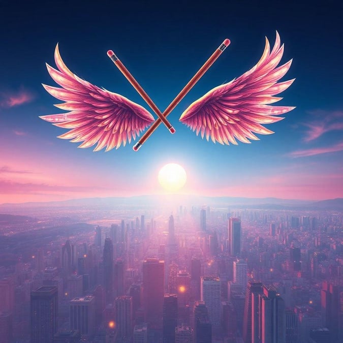 Vibrant digital art of two drumsticks, glowing pink wings attached to them against a city skyline at sunrise or sunset, evoking the spirit of music and rhythm.