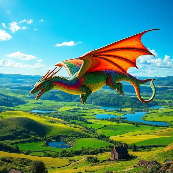 A vibrant and colorful dragon soars over a lush green valley, celebrating the spirit of St. Patrick's Day with its whimsical presence.