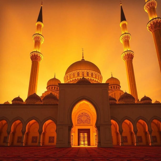 This majestic mosque, bathed in warm light, stands as a beacon of faith during the holy month. The soft glow reflects off its golden domes and minarets, casting long shadows that dance on the intricate tilework.