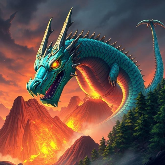 This anime-inspired wallpaper features a majestic mechanical dragon emerging from a volcanic island, set against a backdrop of a lush forest and a dramatic sky. The dragon's intricate mechanical details and bright yellow eyes add to its anime-like charm, making it a captivating and immersive visual experience.