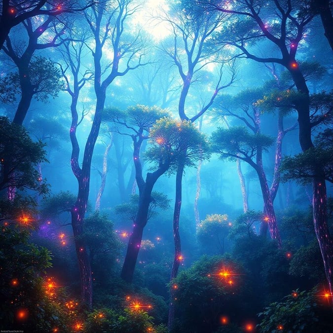 This fantasy-themed wallpaper features an ethereal forest under a night sky. The trees are illuminated with vibrant purple lights, creating a magical ambiance. The misty atmosphere enhances the mystical allure of the scene.