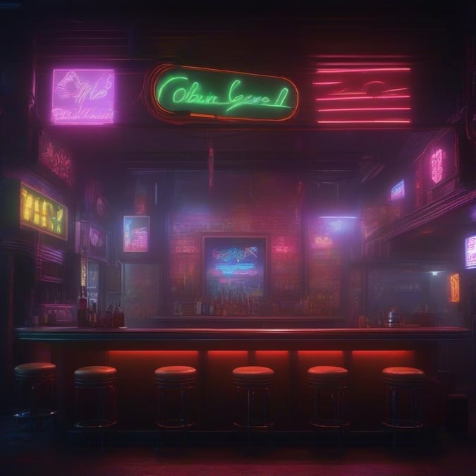 A dimly lit cyberpunk bar, neon lights glowing through a haze, patrons at the bar, retro-futuristic decor.