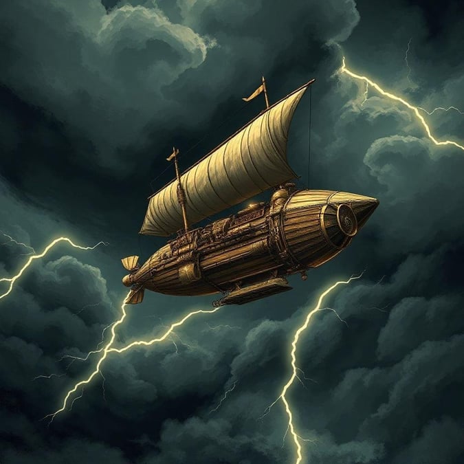 This vintage and retro wallpaper features a steampunk-inspired airship navigating through a turbulent stormy sky, with its wooden hull and billowing sail adding to the sense of adventure and danger.