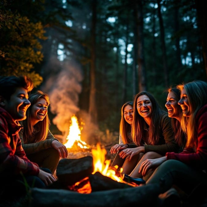 A group of friends sharing warmth and laughter around a bonfire in the woods.