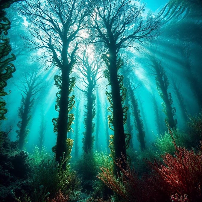 This captivating image showcases a serene underwater forest, bathed in the bright rays of sunlight filtering through the water. The scene is teeming with life, from the towering trees that serve as natural pillars to the vibrant marine creatures inhabiting this lush aquatic landscape. It's a true testament to the beauty and mystery of our oceans.