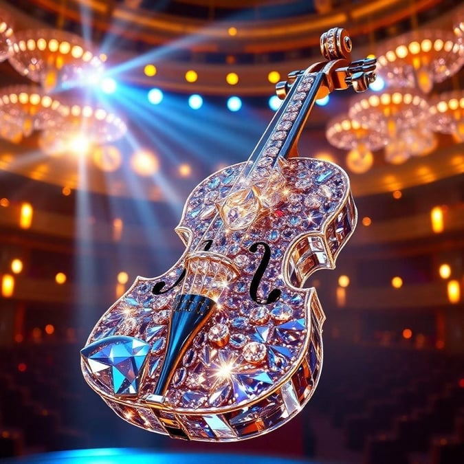 A shining violin in the spotlight, sparkling with gemstones, evoking a sense of musical grandeur and opulence.