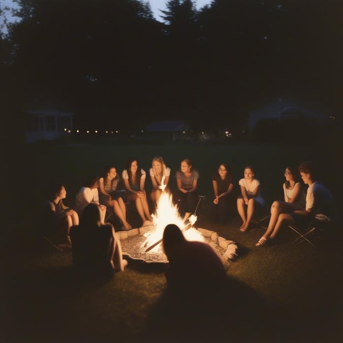 A group of students celebrates their graduation night with an intimate campfire gathering. The excitement of the day is palpable as they share stories and make memories around the warmth of the bonfire.