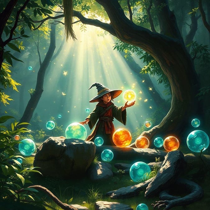 This fantasy wallpaper features a young wizard standing in a forest, surrounded by glowing orbs and magical energy. The wizard is dressed in a long robe and pointed hat, and is holding a staff that crackles with electricity. The orbs are floating around the wizard, emitting a soft, ethereal glow. The background of the image is a dense forest, with tall trees and vines covered in moss. The overall atmosphere of the image is one of magic and wonder, perfect for fans of fantasy and adventure.