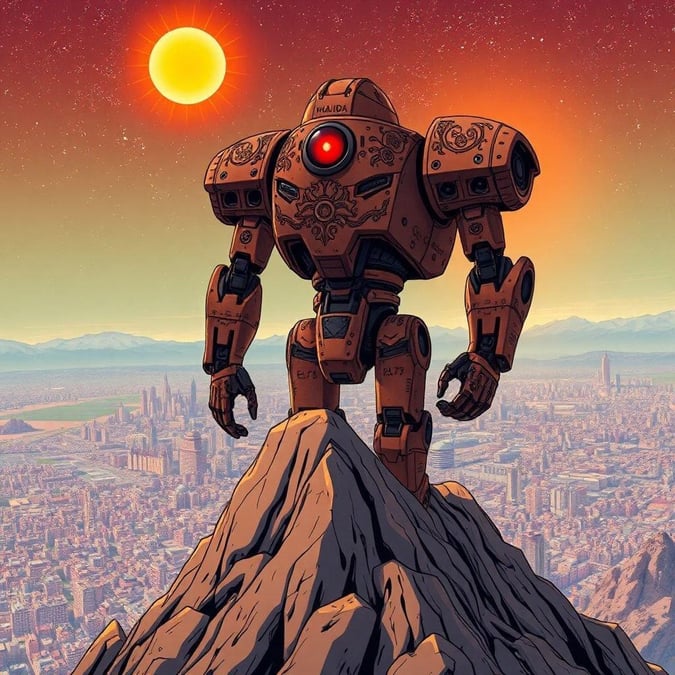 A stunning anime illustration of a robot standing on a mountain peak, overlooking a sprawling cityscape.