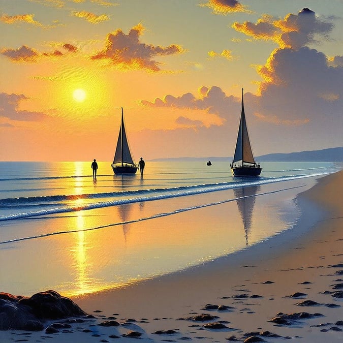 Enjoy a serene sunset on the ocean, with sailboats gently bobbing near the shore. The beach scene is painted in warm hues of orange and yellow, creating a peaceful atmosphere.