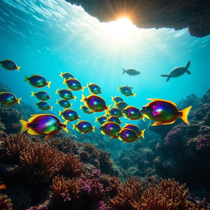 A captivating underwater scene teeming with colorful fish, coral formations, and marine life. Perfect for ocean lovers and divers.