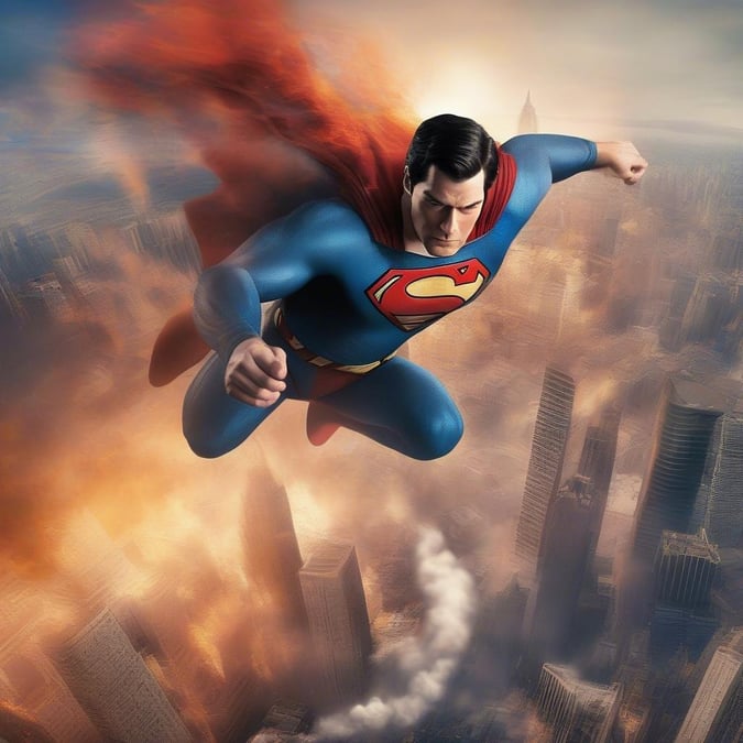 Une représentation dynamique de Superman, le super-héros bien-aimé des bandes dessinées, s'élevant à travers un paysage urbain dramatique. Ce fond d'écran capture l'essence de l'héroïsme et les pouvoirs emblématiques de Superman.