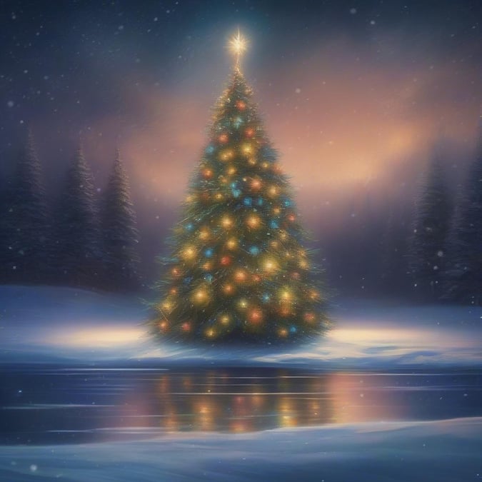 This beautiful Christmas tree is covered in snow, creating a serene and peaceful winter wonderland scene.