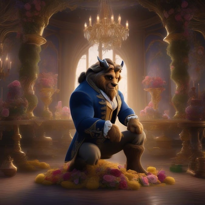 Join the majestic horned beast in a grand celebration, surrounded by the opulence of a regal ballroom. Inspired by Disney's Beauty and the Beast.