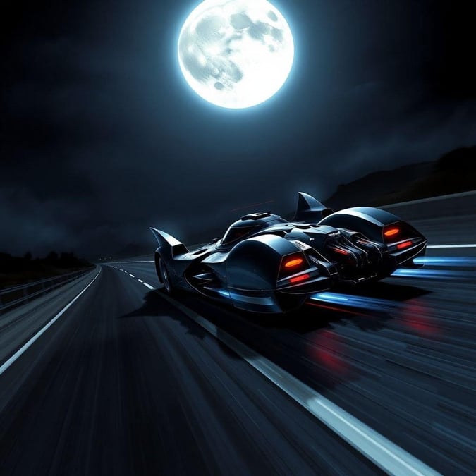 A nighttime scene with a high-tech superhero vehicle, possibly inspired by Batman's iconic ride, speeding down a highway under a full moon.