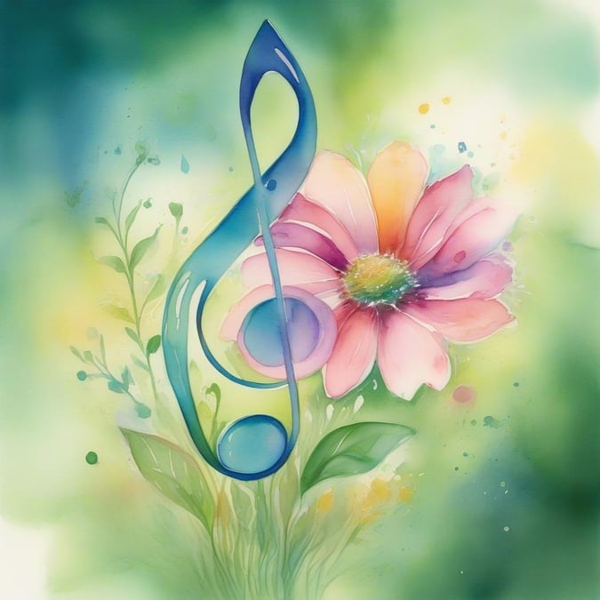 A digital art illustration featuring musical notes, a pink flower, and green foliage, symbolizing the harmony between music and nature.