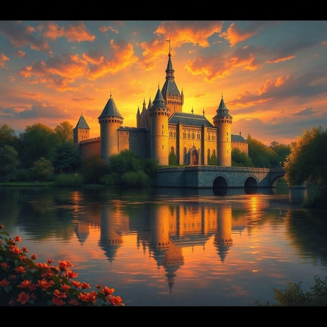 A majestic castle with multiple towers sits serenely on the banks of a tranquil river, bathed in the warm glow of a sunset.