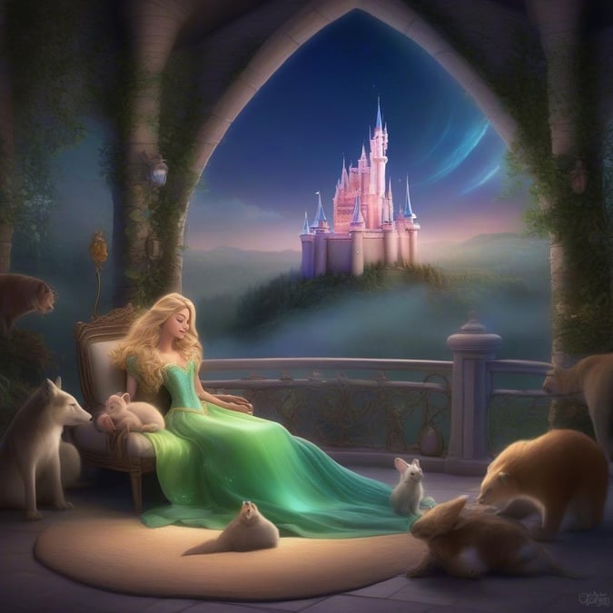 A princess sitting with her beloved pets, surrounded by nature's splendor.