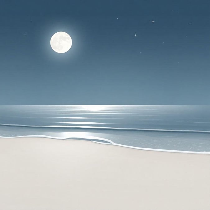 A tranquil night scene at the beach with calm waves, sandy shores and a full moon casting a beautiful glow.