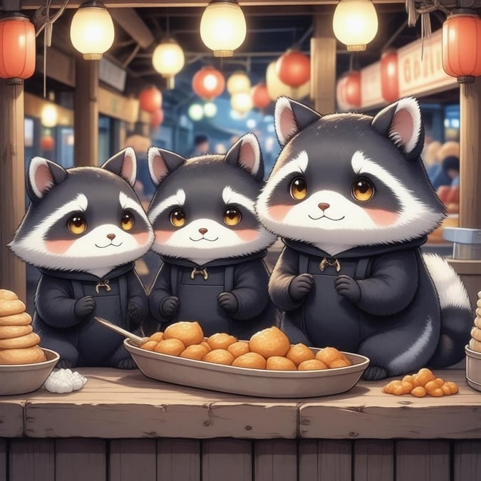 This anime illustration features a group of four tanuki standing on a stall at night, their vibrant yellow eyes catching the food. The focus is on the tanuki, while the blurred background emphasizes the stall's bustling atmosphere.