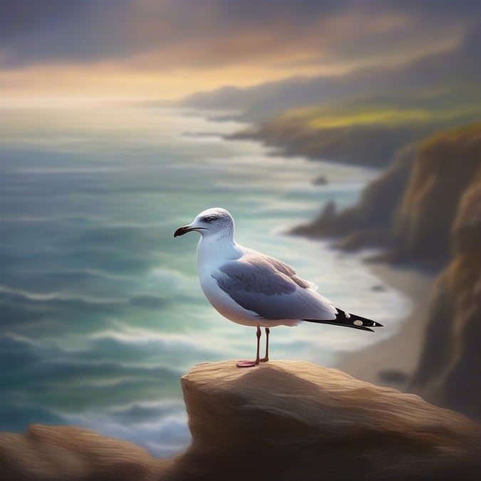 A tranquil beach scene with a sea bird perched on the rocks, basking in the golden glow of the sunset.