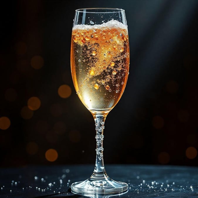 Elevate your celebrations with elegance. A chic glass of bubbly, sparkling like the stars against a backdrop of a luxurious evening setting.