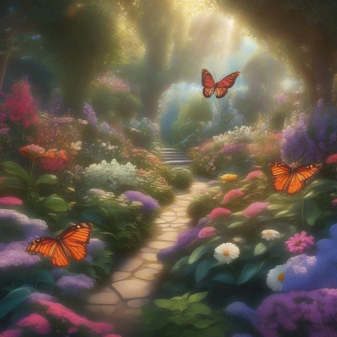 Wander through the mystical forest path where nature unfolds in vibrant hues. The scene is illuminated by a beaming sunlight, casting a warm glow on the lush garden blooming with an array of colorful flowers and butterflies gracefully soaring overhead.