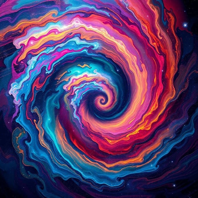 Explore the heart of an abstract cosmic vortex, where vibrant colors spiral through a mystical starry sky. A mesmerizing digital artwork that brings the beauty and mystery of space into your desktop.