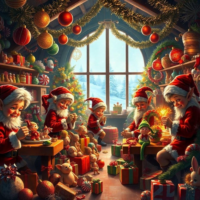 A festive scene where a group of cheerful elves are diligently working on their holiday crafts. They're creating delightful gifts in the heart of a magical workshop, filled with toys and ribbons of yuletide spirit.