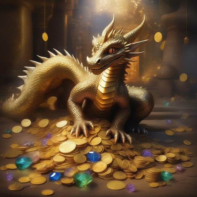 Step into a world of fantasy and wonder with this stunning image of a dragon surrounded by a treasure trove of gold coins and precious jewels.