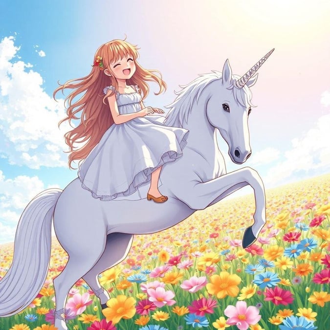 This anime wallpaper features a young girl riding a unicorn in a beautiful, rainbow-colored wildflower field. The illustration is detailed and colorful, with a warm glow that captures the imagination.