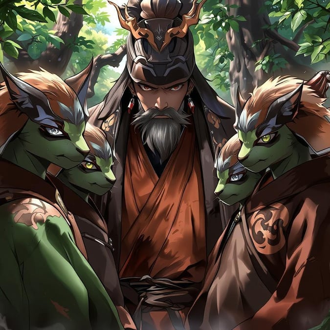 This stunning wallpaper features a group of young samurai, with their vibrant green and brown fur and intricate patterns, standing in a serene forest setting. The wise man guides them, surrounded by lush greenery, creating a captivating scene that embodies the spirit of anime.