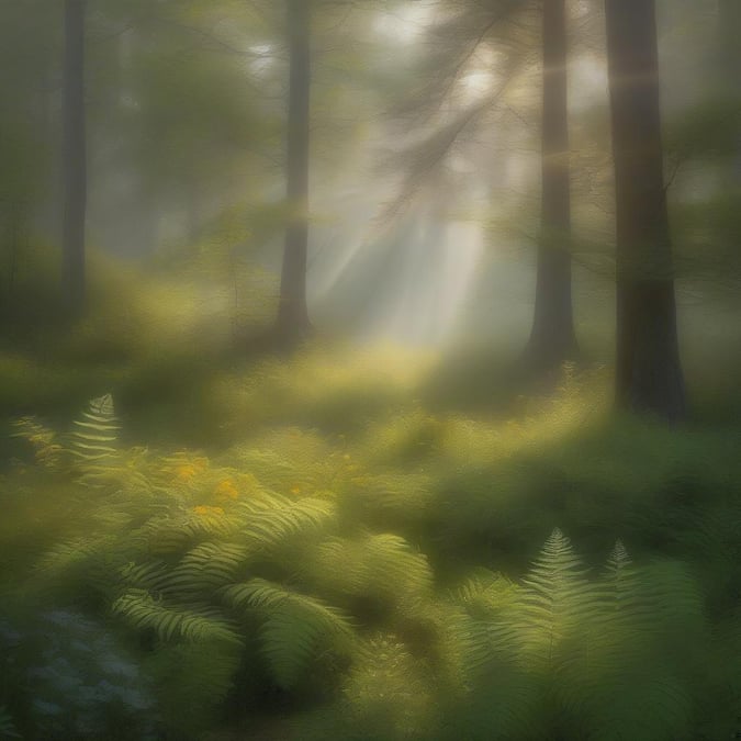 A misty path through the enchanting forest with rays of sunlight piercing the fog, hinting at a beautiful day ahead.