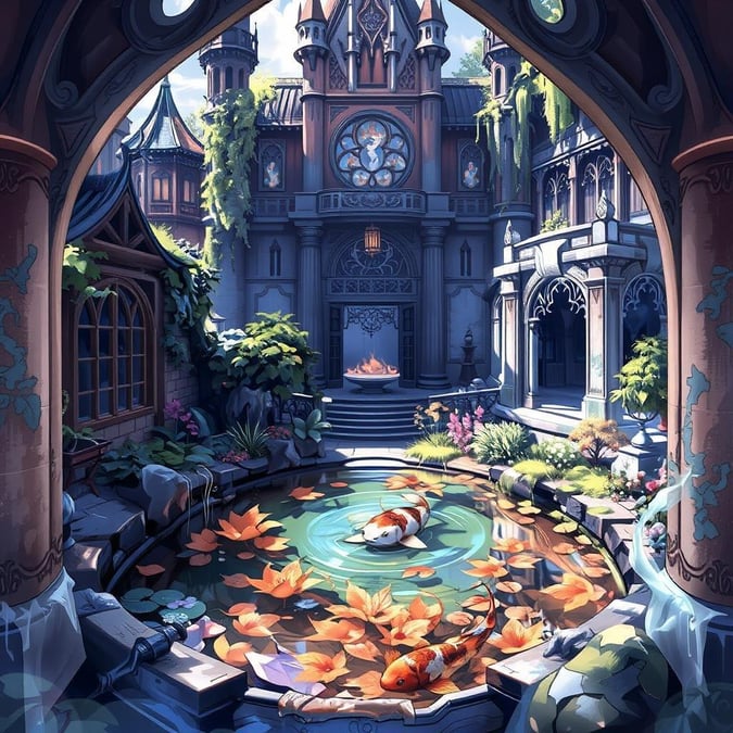 A serene digital illustration of an enchanting garden hidden within a grand castle. The piece features a tranquil pond, adorned with a small koi fish swimming in the background, adding a touch of magic to the scene. The castle's intricate architecture and the natural elements create a peaceful, harmonious setting, capturing a peaceful moment in nature.