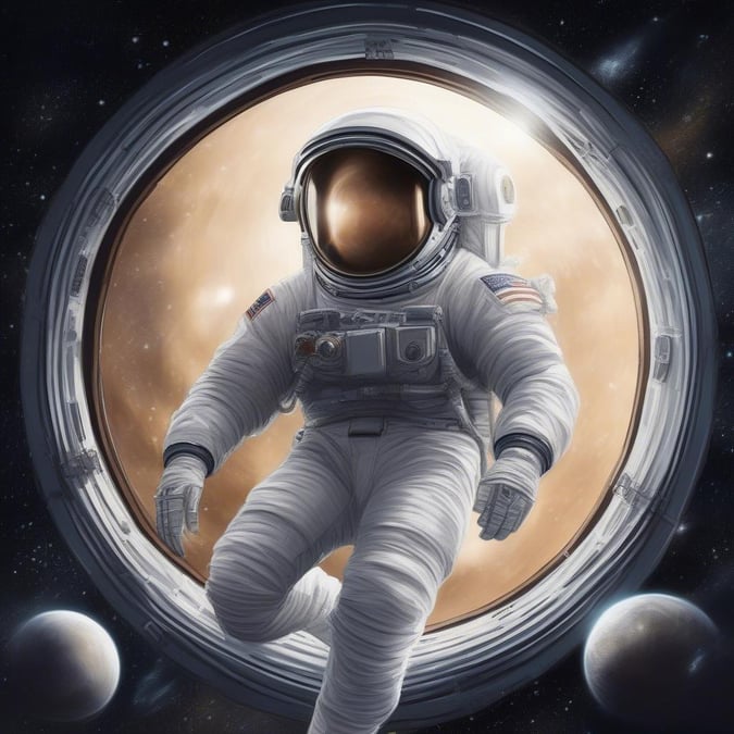 Experience the thrill of space exploration with this stunning wallpaper featuring an astronaut from the United States Space Program. The vast cosmos unfolds in the backdrop, with planets and stars scattered across the sky. The image is set against a dramatic orange sky, creating a sense of wonder and adventure.