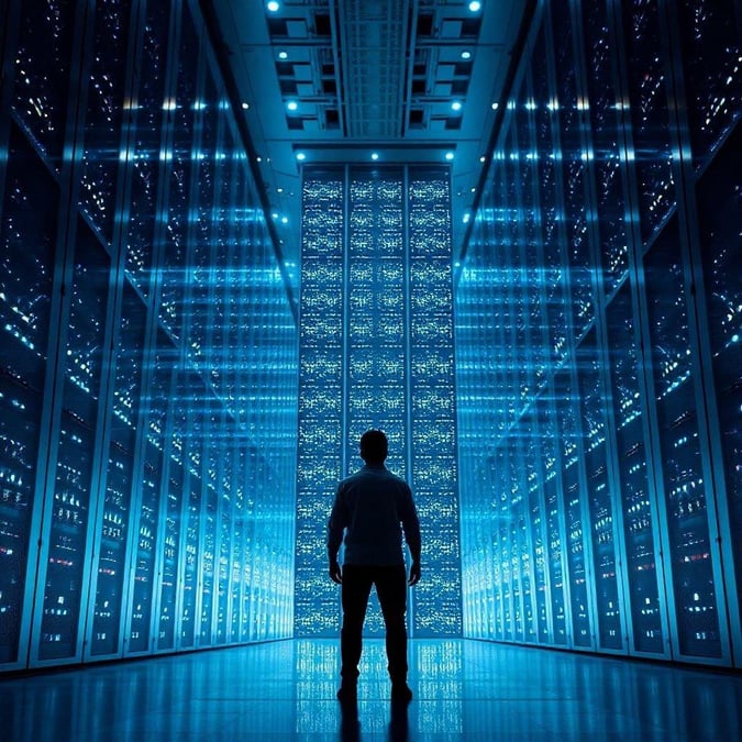 In the heart of modern technology, a solitary figure stands amidst an expansive server farm. Silence surrounds the room, save for the soft hum of thousands of servers. The lights glow in the dark, casting an otherworldly ambiance over the scene.