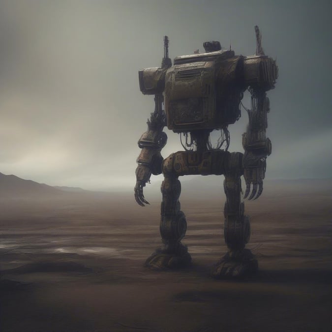 A robust robot traverses through the desolate desert, leading the way towards an unknown future.